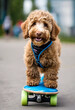 © Imas - A playful little dog, a fluffy apricot colored poodle, stands confidently on a blue skateboard.