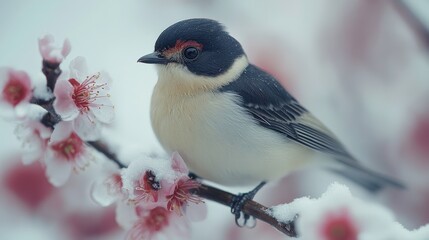 Wall Mural - Captivating Close-Up of a Charming Bird Perched Amid Delicate Pink Cherry Blossoms with a Soft Snowy Background, Illustrating Nature’s Beauty in Winter