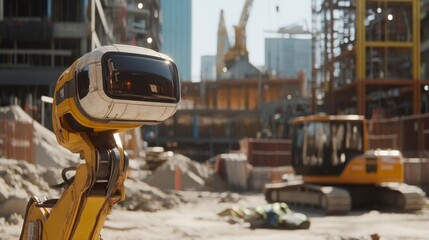 Fototapete - A robot designed for construction is positioned at a bustling site where buildings are being developed.