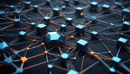 A computer network is shown with many blue and orange cubes