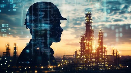 Fototapete - A silhouette of a construction worker wearing a hard hat stands against a vibrant city skyline at sunset. Digital elements and glowing lights highlight a modern industrial landscape.
