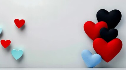 Wall Mural - White background with four hearts in different colors. The hearts are arranged in a way that they look like they are hugging each other. Concept of love and warmth