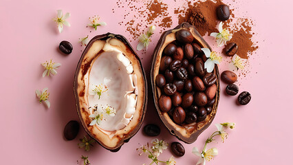 Wall Mural - Coffee beans inside cocoa pods with cocoa powder and flowers. Concept of coffee and chocolate, flavor combinations, and gourmet drinks.