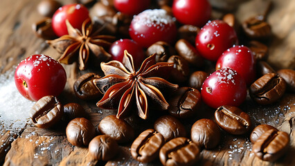 Wall Mural - Close up of coffee beans, cherries, and star anise on a rustic wooden surface.  Aromatic and flavorful composition.