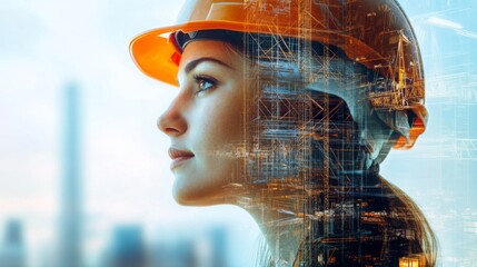 Poster - A focused professional wearing a safety helmet stands in a cityscape, embodying the fusion of ai advancements and real estate. The backdrop reveals digital overlays of urban construction projects.