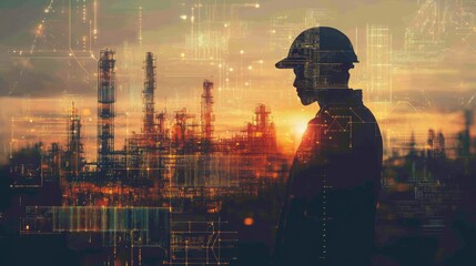 Fototapete - A construction worker stands silhouetted against a colorful sunset, observing an industrial landscape.