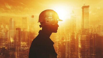 Aufkleber - A construction worker stands silhouetted against a vibrant golden skyline as the sun sets behind tall buildings. The scene captures the essence of urban development and progress.