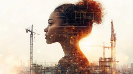 Fototapete - A silhouette of a young woman reflects the integration of artificial intelligence in real estate. Construction cranes rise behind her, symbolizing urban development at sunrise.