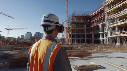 Fototapete - A construction supervisor inspects an active real estate development site. Towering cranes and scaffolding dominate the skyline under a clear blue sky, showcasing ongoing progress.