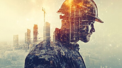 Aufkleber - An engineer ponders as a futuristic cityscape forms from his silhouette, highlighting the blend of AI and real estate in contemporary urban planning.