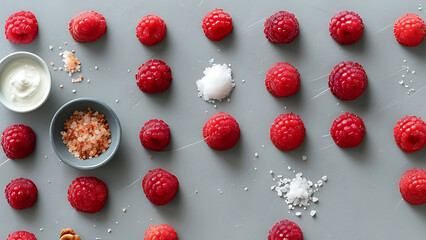 Canvas Print - Flat lay of fresh raspberries arranged with sea salt and cream.  Concept for healthy food, dessert, recipe, or culinary background.