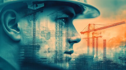 Fototapete - A construction professional stands focused, observing an urban development site.