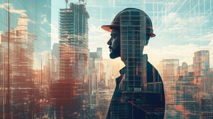 Fototapete - A construction expert stands against a city skyline, with overlays of digital designs illustrating the integration of AI. This moment captures the future of real estate transformation in urban areas.