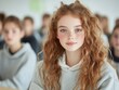 © Sergey - A young woman with curly hair sits attentively in a classroom, surrounded by peers, conveying a focused and calm atmosphere.