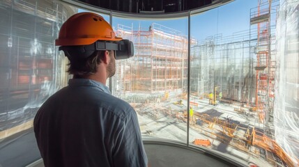 Fototapete - A professional wearing a virtual reality headset observes a construction site through panoramic screens.