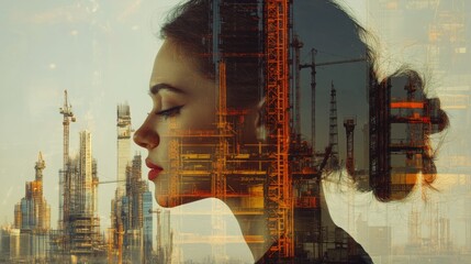 Aufkleber - This artwork illustrates the seamless blend of human potential and urban development, depicting a woman's profile merged with a modern city skyline filled with construction sites.