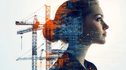 Poster - A professional woman stands with an expression of contemplation while the background features construction cranes and digital elements.