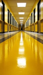 Wall Mural - Empty Hospital Corridor with Bright Yellow Floors, Reflective Lighting and Minimalist Design