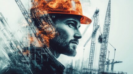 Poster - A thoughtful construction manager gazes into the future, envisioning the integration of AI in real estate. Surrounding cranes symbolize ongoing projects, highlighting advancement in the industry.