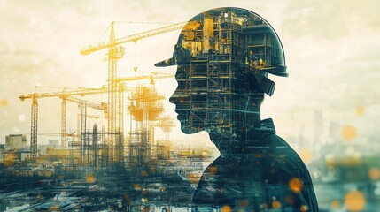 Fototapete - Workers in construction wear safety helmets while new technologies and AI tools shape the future of real estate.