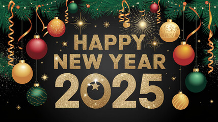 Wall Mural - New Year's Eve party banner with Happy New Year 2025 in gold lettering on a black background, adorned with Christmas balls, glitter, and gold streamers for a festive design.

