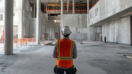 Fototapete - A construction professional observes the ongoing work within a large real estate development site. Steel beams and scaffolding are visible, highlighting the building's framework and design features.