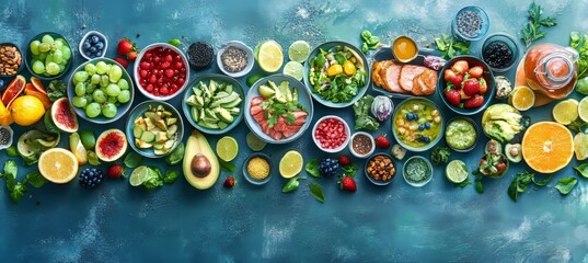 Wall Mural - Vibrant and Colorful Healthy Food Flat Lay, Perfect for Culinary Photography and Recipe Sharing