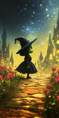 Wall Mural - Cute green witch with green skin looking at a magic castle. Vertical wallpaper.