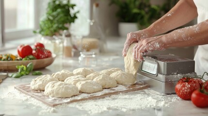 Wall Mural - Preparing dough on a kitchen counter with fresh ingredients nearby.