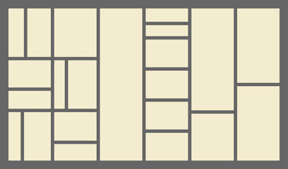Dimensions 16x9 trendy bento grid layout style brick Ui UX templates. Web comic grids with right angles. Different panel layouts with y2k and brutal shapes tiles of different sizes Vector illustration