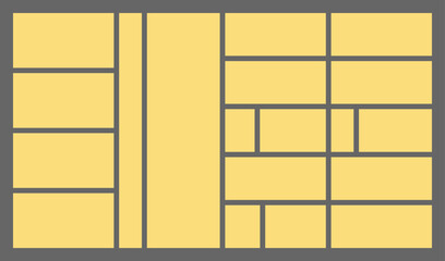 Dimensions 16x9 trendy bento grid layout style brick Ui UX templates. Web comic grids with right angles. Different panel layouts with y2k and brutal shapes tiles of different sizes Vector illustration