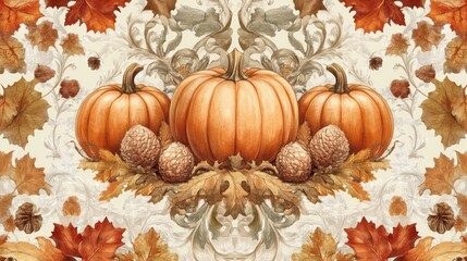 Aufkleber - Three pumpkins with autumn leaves and acorns on an ornate background.