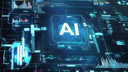 A digital interface with the text AI prominently displayed, surrounded by graphs and analytics, emphasizing its use in data visualization and decision-making processes