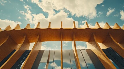 Wall Mural - low angle view of modern wooden building facade against blue sky.