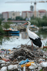 A stork nesting in a polluted area, with garbage and industrial waste around