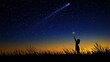 © milenialdesastudio - Silhouette of a girl reaching for a shooting star in a field at sunset under a starry night sky.