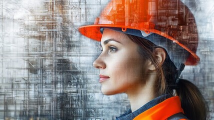 Fototapete - A dedicated construction professional observes a busy urban construction site, wearing an orange hard hat and work attire.
