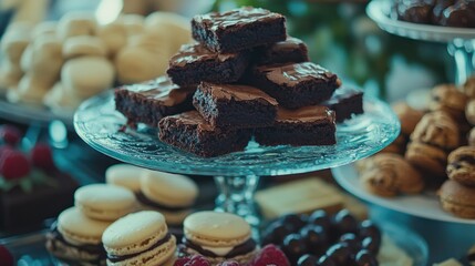 Delicious chocolate brownies and assorted pastries on a dessert table.