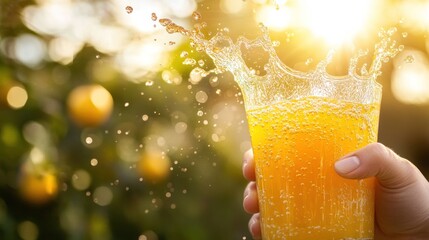 Wall Mural - Hand holding a glass of fizzy orange juice with splash, outdoors at sunset.