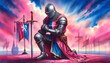 © Cleydisson - Medieval knight in armor kneels with his sword, expressing a moment of reflection and solemnity, against a vibrant pink and blue background. Generative AI.