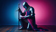© Cleydisson - Medieval knight in armor kneels with his sword, expressing a moment of reflection and solemnity, against a vibrant pink and blue background. Generative AI.