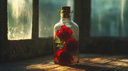 Poster - Red roses in a glass bottle on a wooden surface.