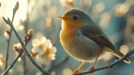 Wall Mural - Close-Up of a Small Bird Perched on a Branch Surrounded by Blossoming Flowers and Soft Natural Light, Capturing the Essence of Springtime Beauty and Serenity