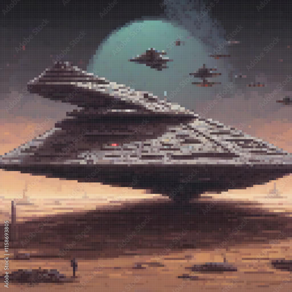 Pixel art depicts space scene large spaceship planet multiple smaller ...