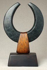 Wall Mural - Abstract horseshoe-shaped sculpture on dark wood base.