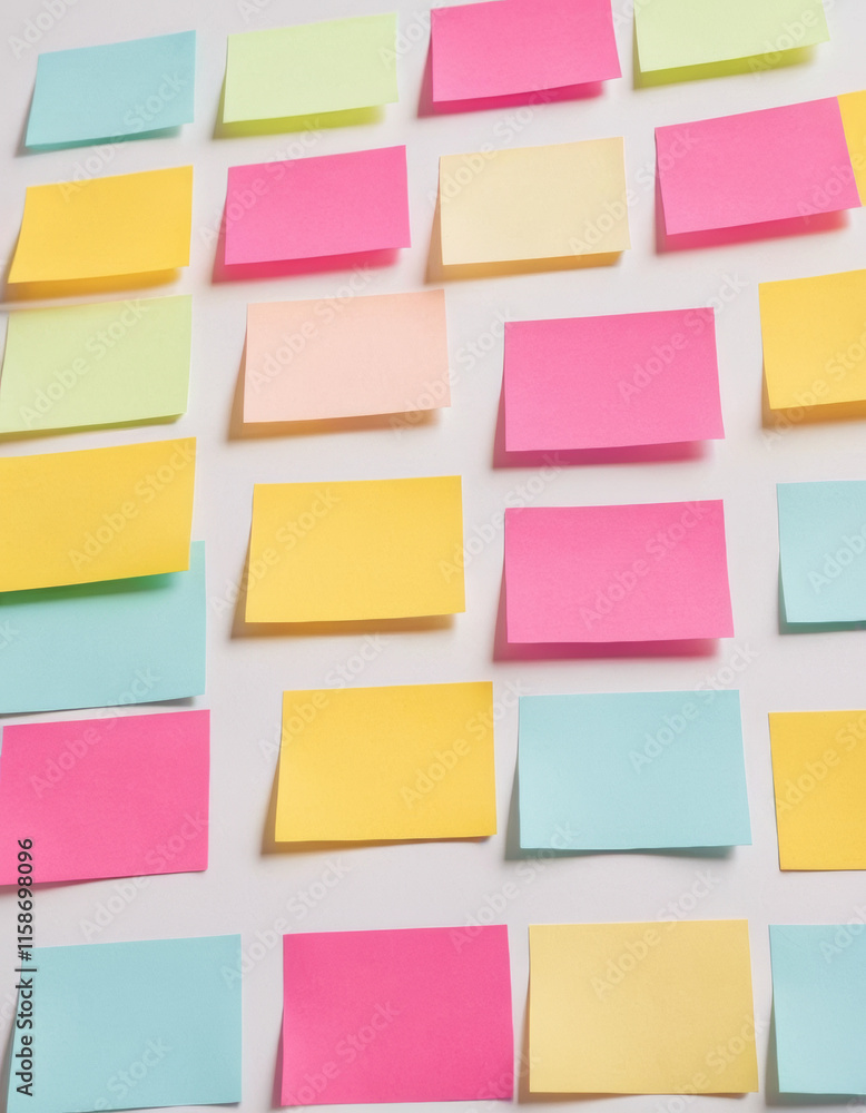 Colorful sticky notes arranged randomly on a white background, creating ...