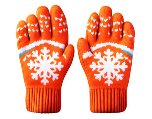 Bright orange winter mittens with white snowflake isolated on transparent background.