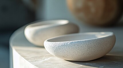 Wall Mural - Two empty modern ceramic bowls resting on marble surface