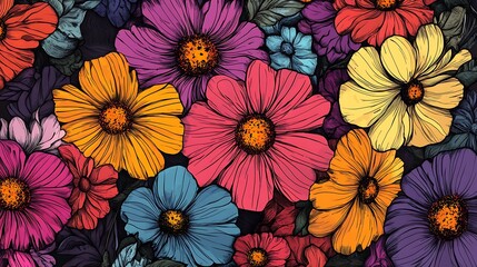  Vibrant colorful floral pattern with various flowers.