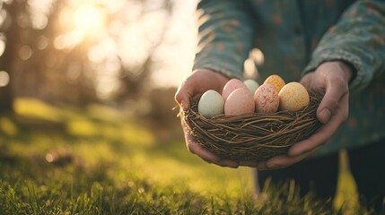 Wall Mural - Woman holding nest with colorful easter eggs in spring sunlight background